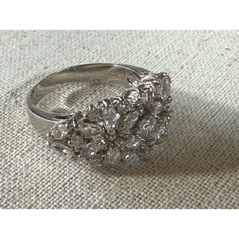 Silver Tone Marquise Cluster Cubic Zirconia Cocktail Ring Size 7